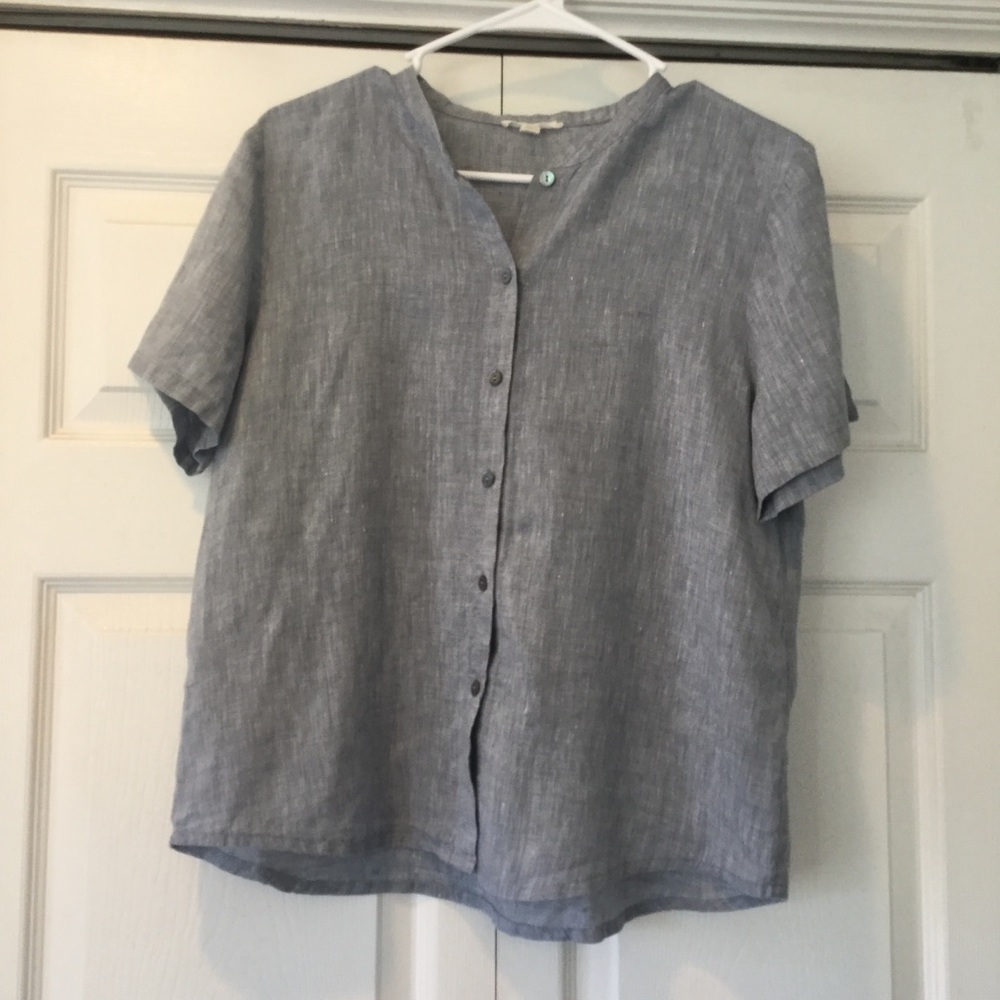 Eileen Fisher Organic Linen Gray Button Down Top